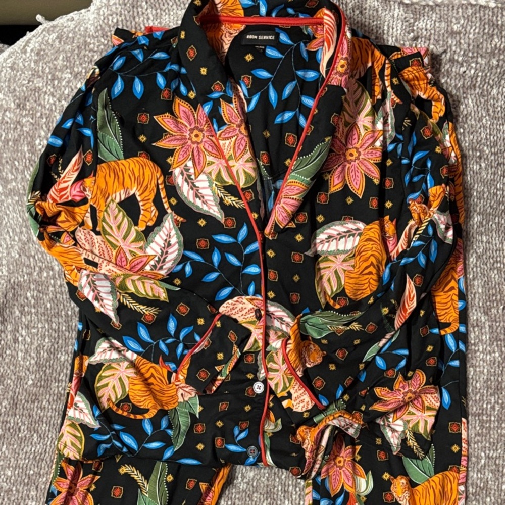 Room Service Shawl Collar Floral Tiger Print Pajama Set - Picture 2 of 6